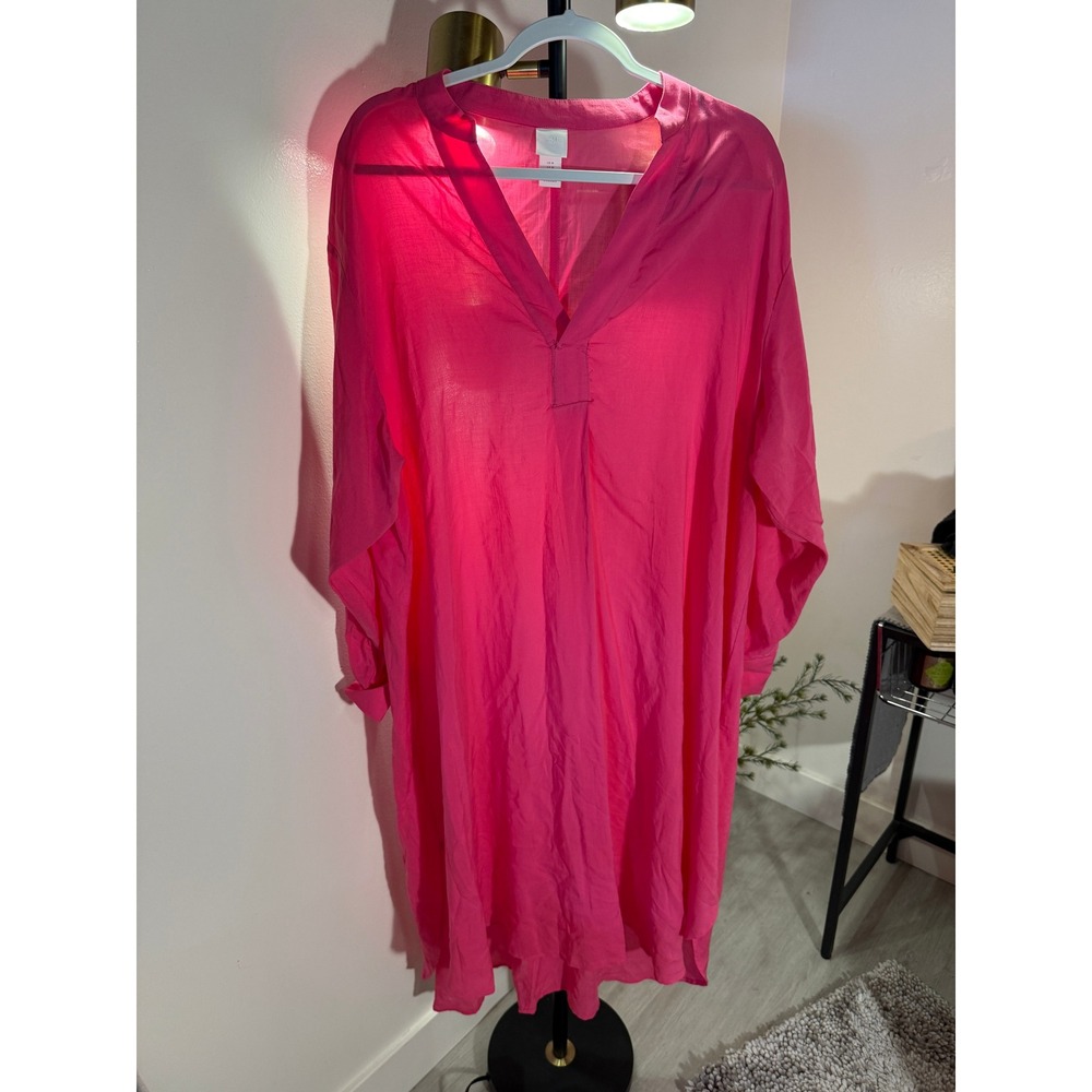 HM Hot Pink Kaftan Tunic Dress Long Sleeve V-Neck High-Low Hem Medium - Picture 3 of 8